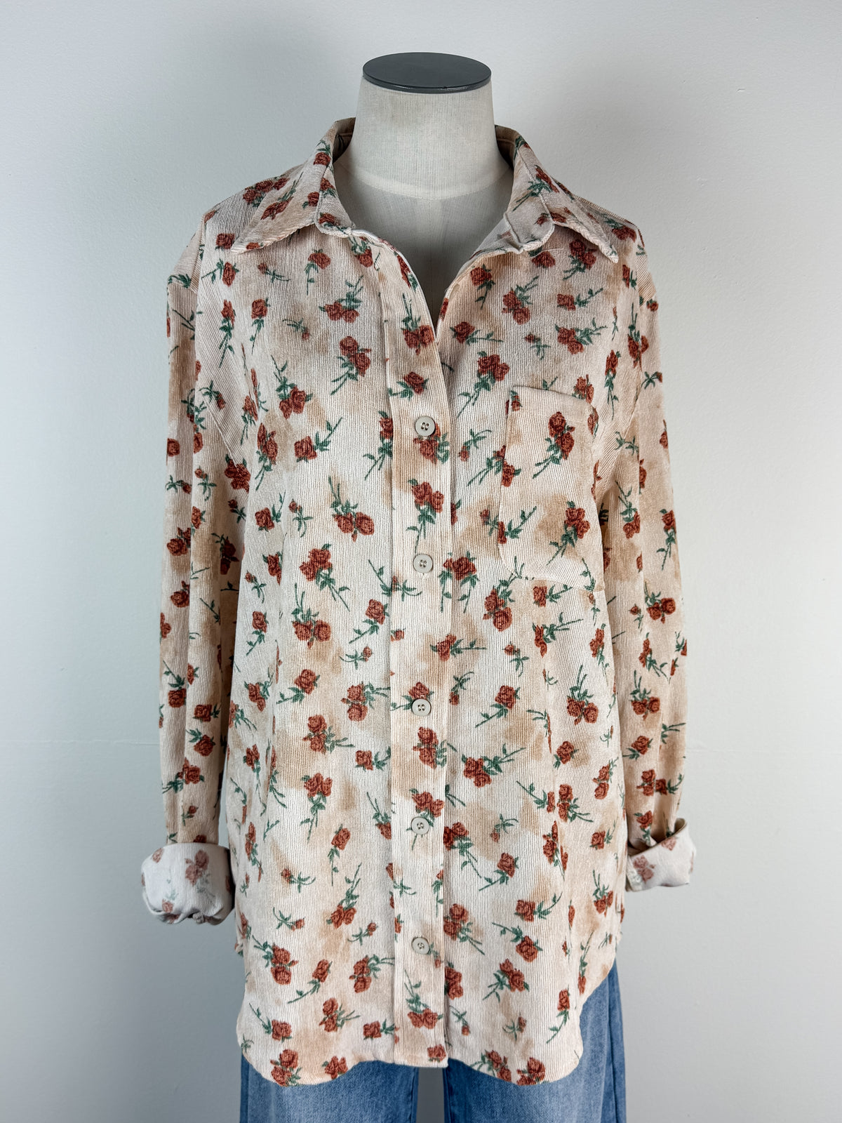 Eva Floral Corduroy Button Up in Cream/Rust