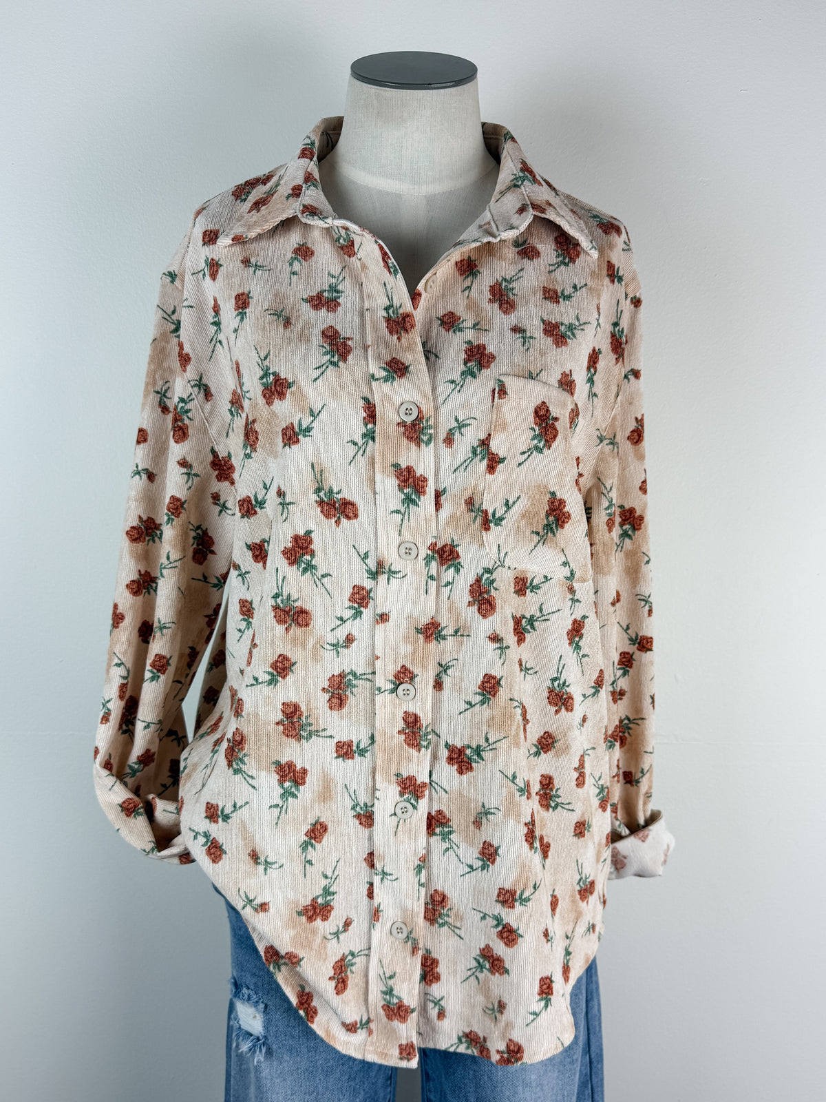 Eva Floral Corduroy Button Up in Cream/Rust