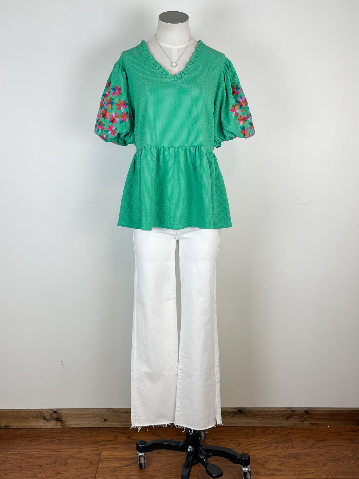 Malia Embroidered Sleeve Top in Green