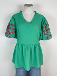 Malia Embroidered Sleeve Top in Green