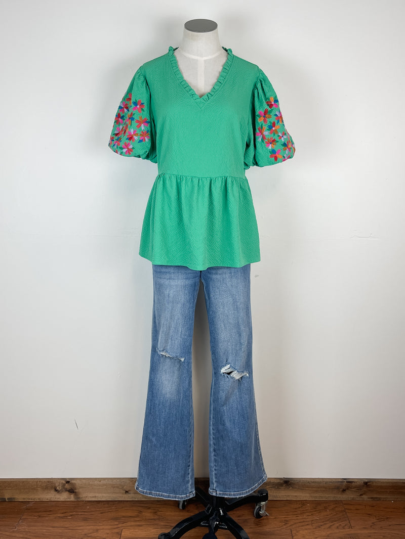 Malia Embroidered Sleeve Top in Green