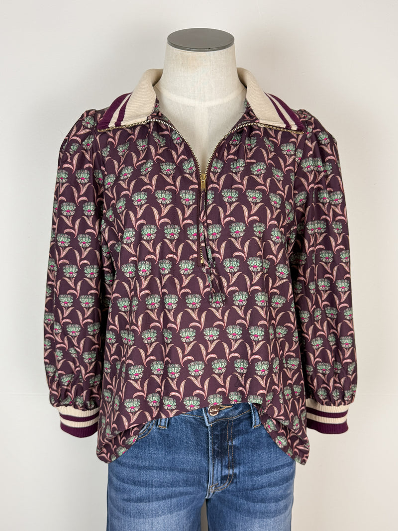 Kiara 1/4 Zip Collared Blouse in Merlot