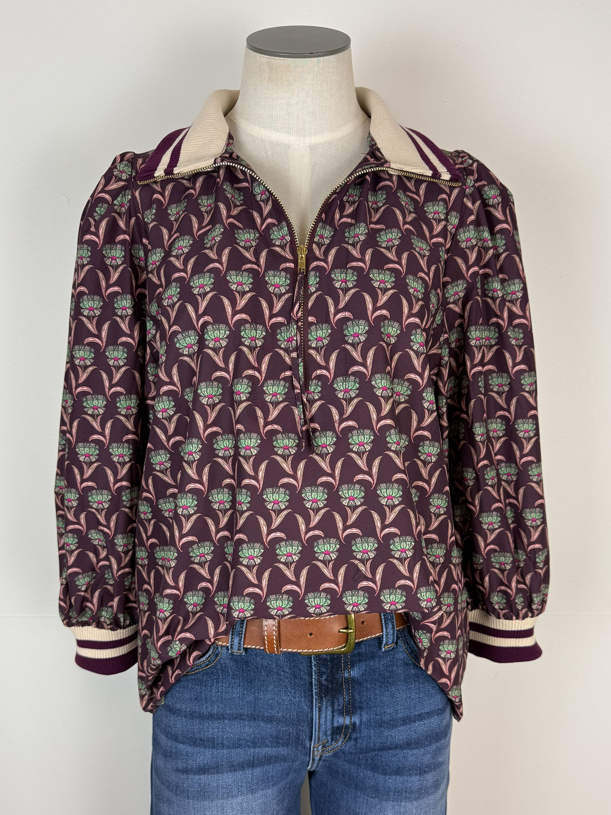 Kiara 1/4 Zip Collared Blouse in Merlot