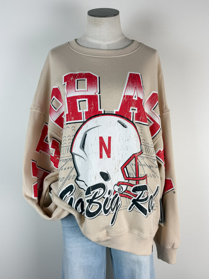 Gameday Social Nebraska Homefield Lantern Sleeve Crew in Tan