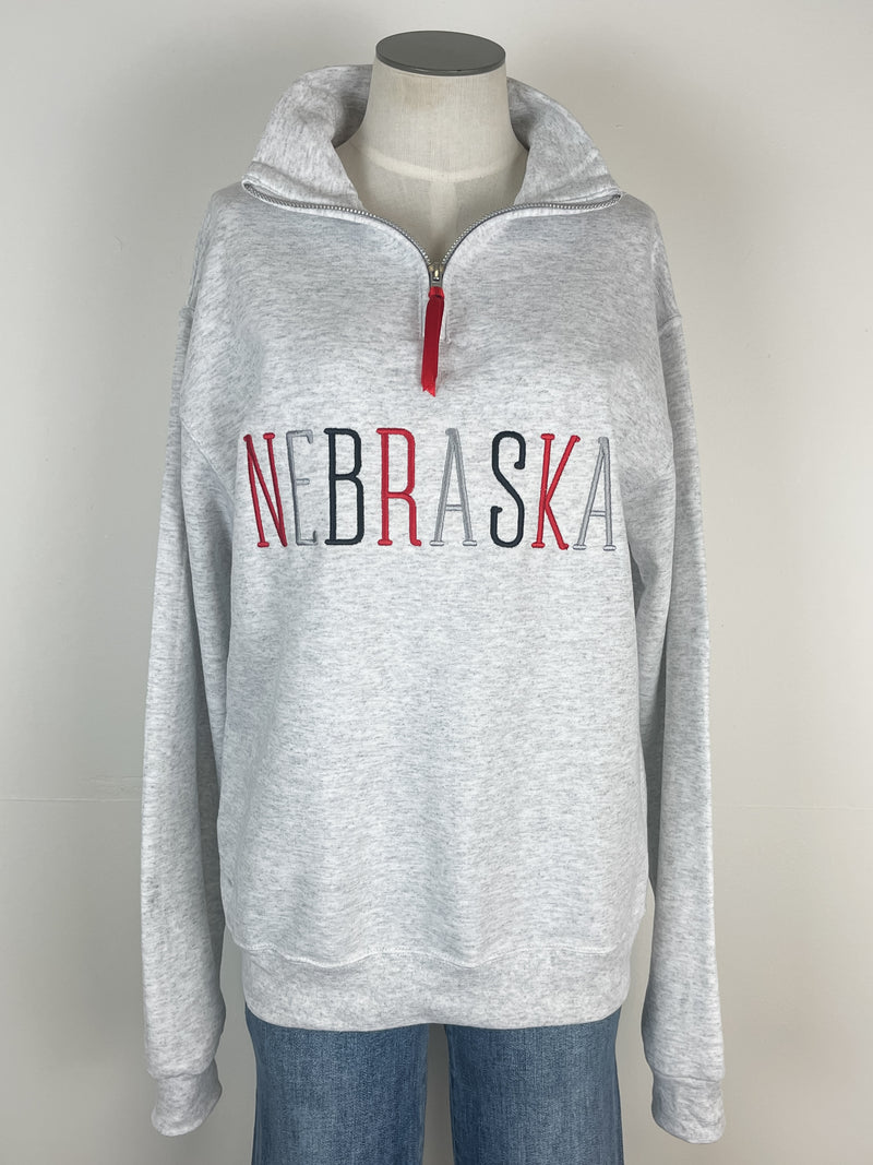 Nebraska Embroidered Quarter Zip in Grey