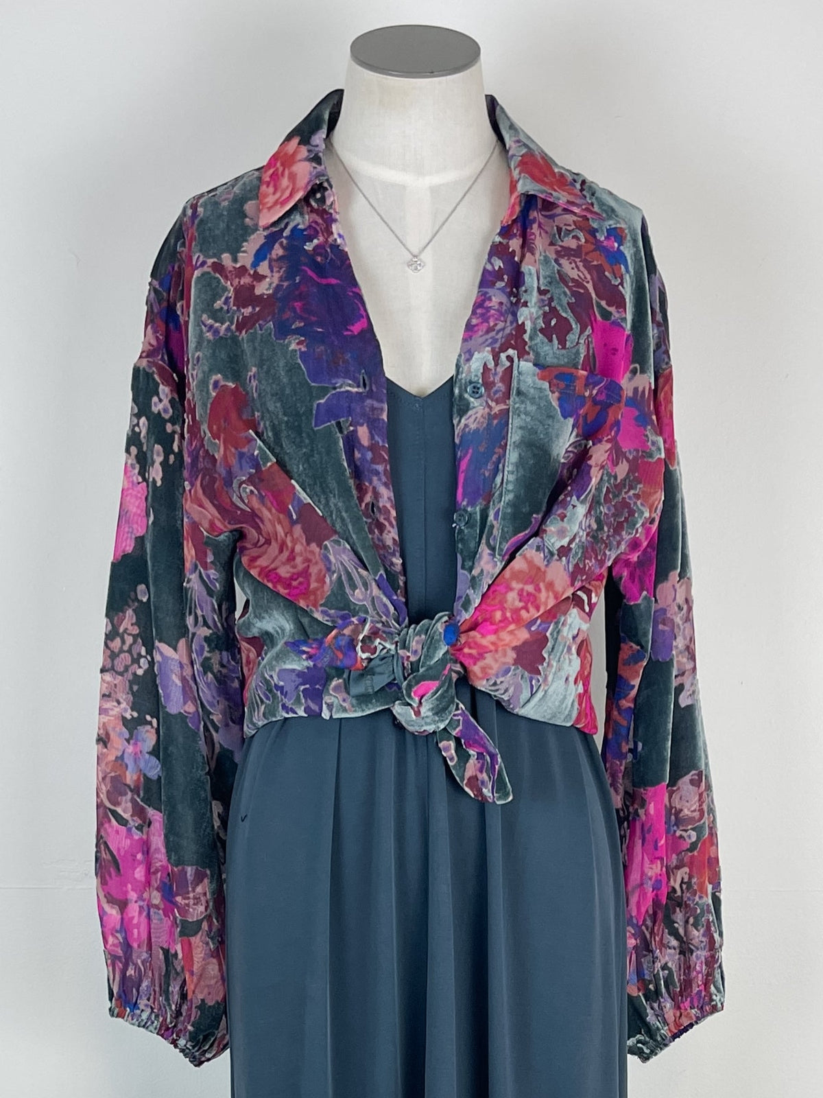 Myla Velvet Floral Blouse in Dusty Teal