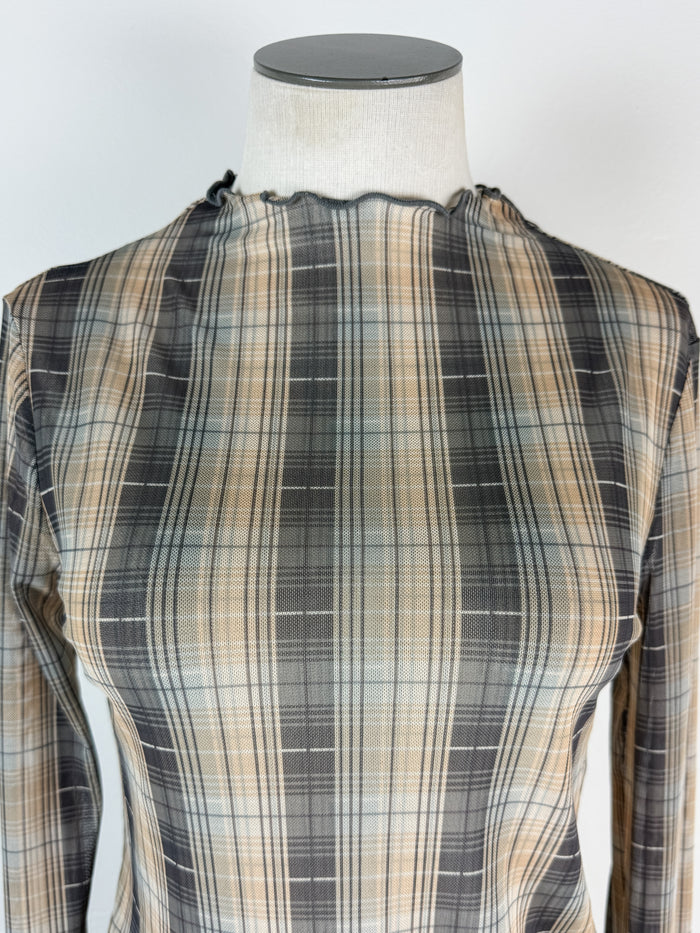 Millie Plaid Mesh Top in Mustard/Grey