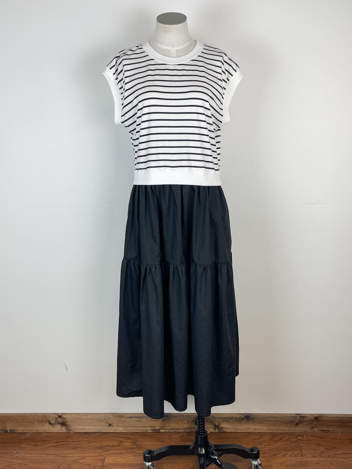Rose Striped Tiered Dress in White/Black