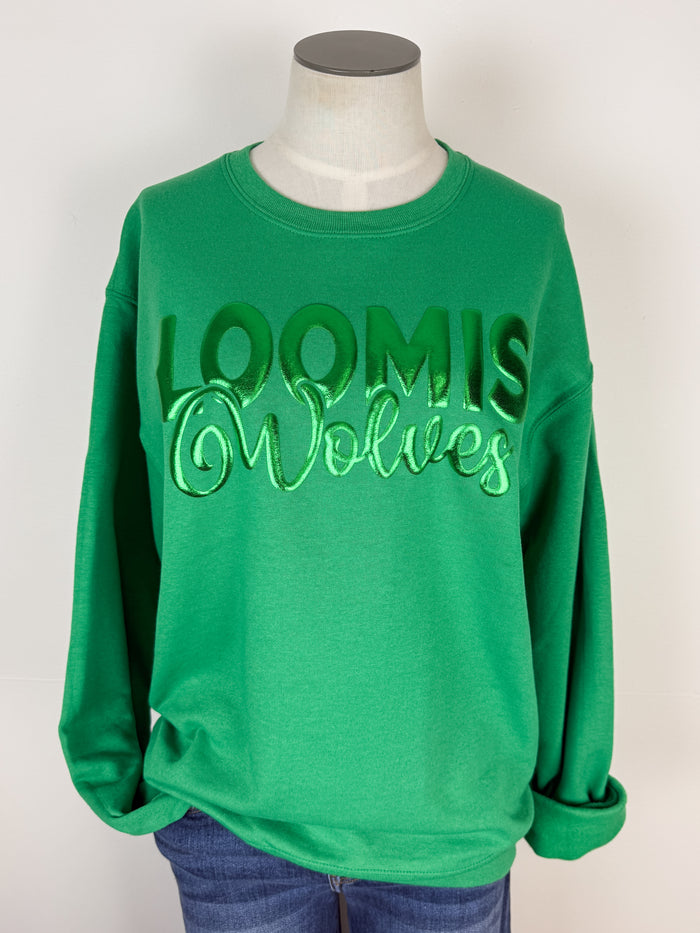Loomis Wolves Metallic Puff School Crewneck Sweatshirts