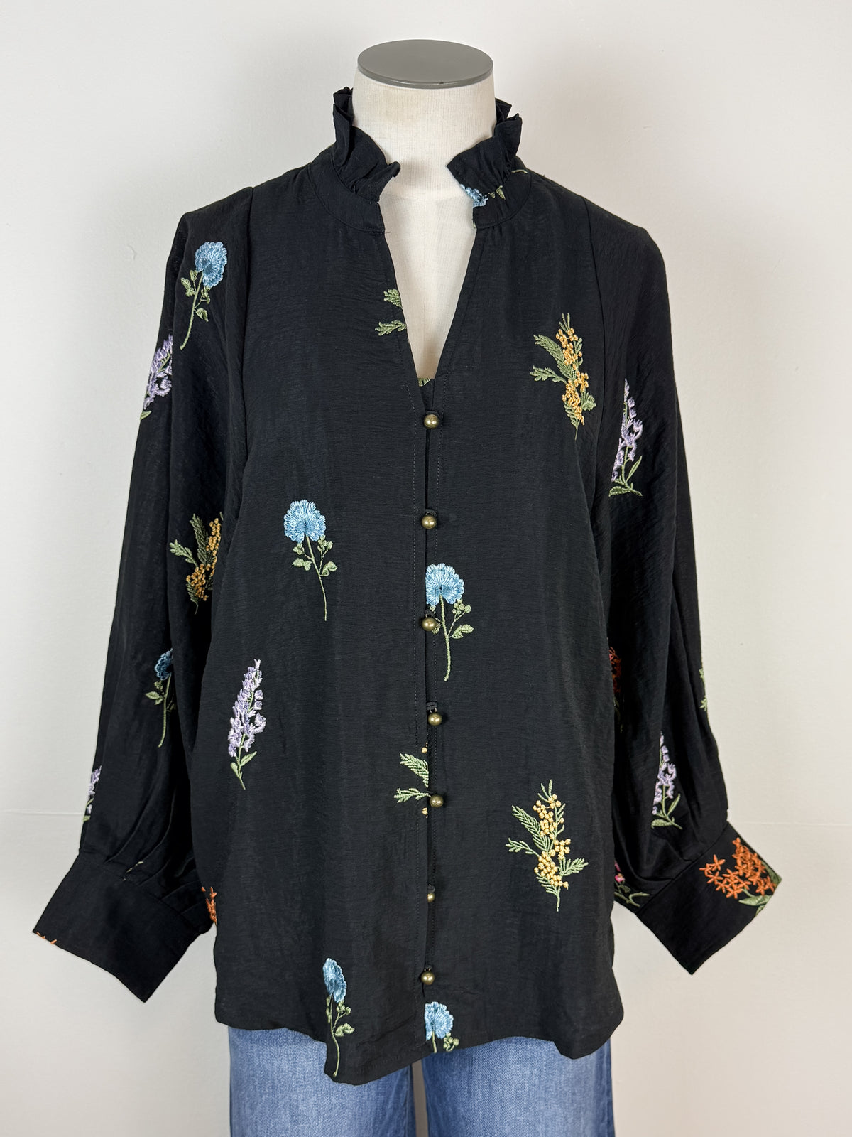 Madison Floral Embroidered Blouse in Black