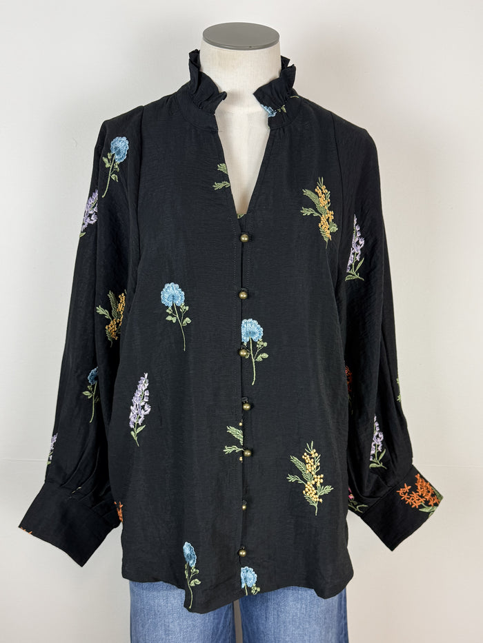 Madison Floral Embroidered Blouse in Black