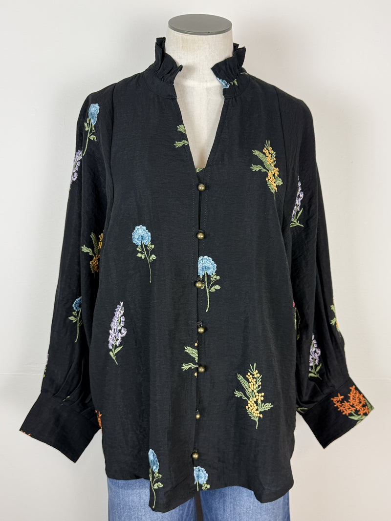 Madison Floral Embroidered Blouse in Black
