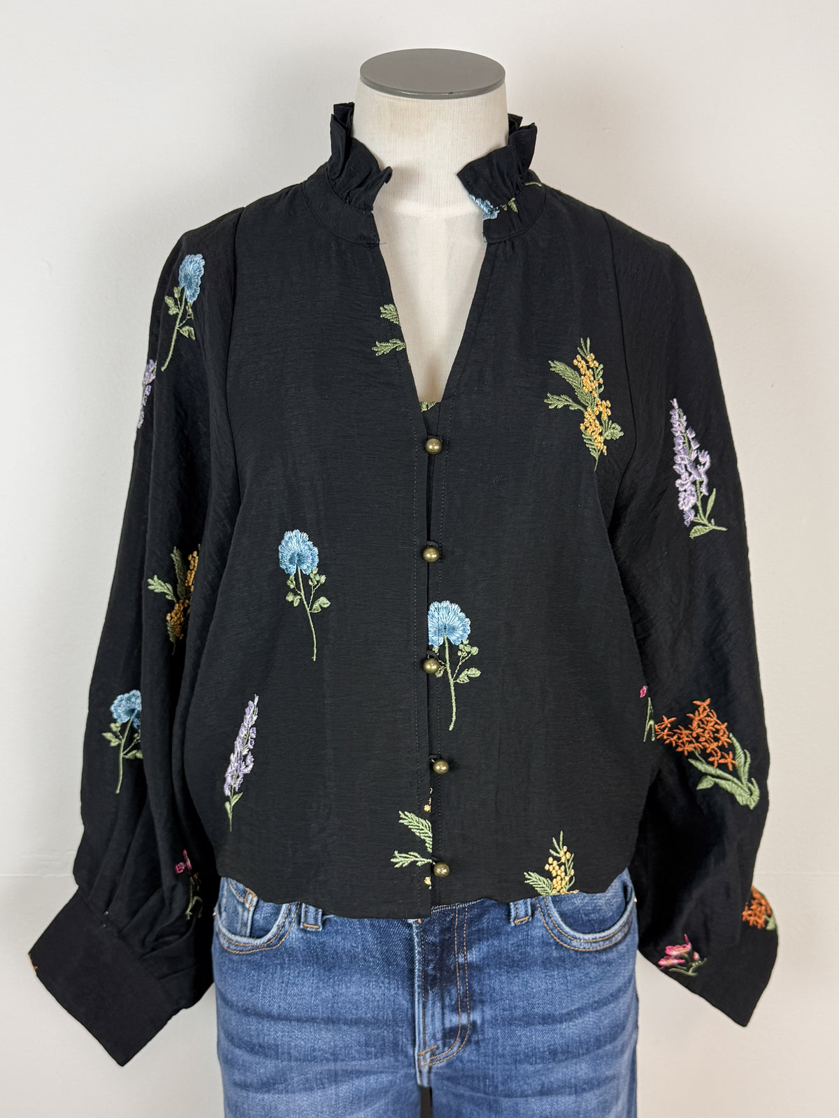 Madison Floral Embroidered Blouse in Black