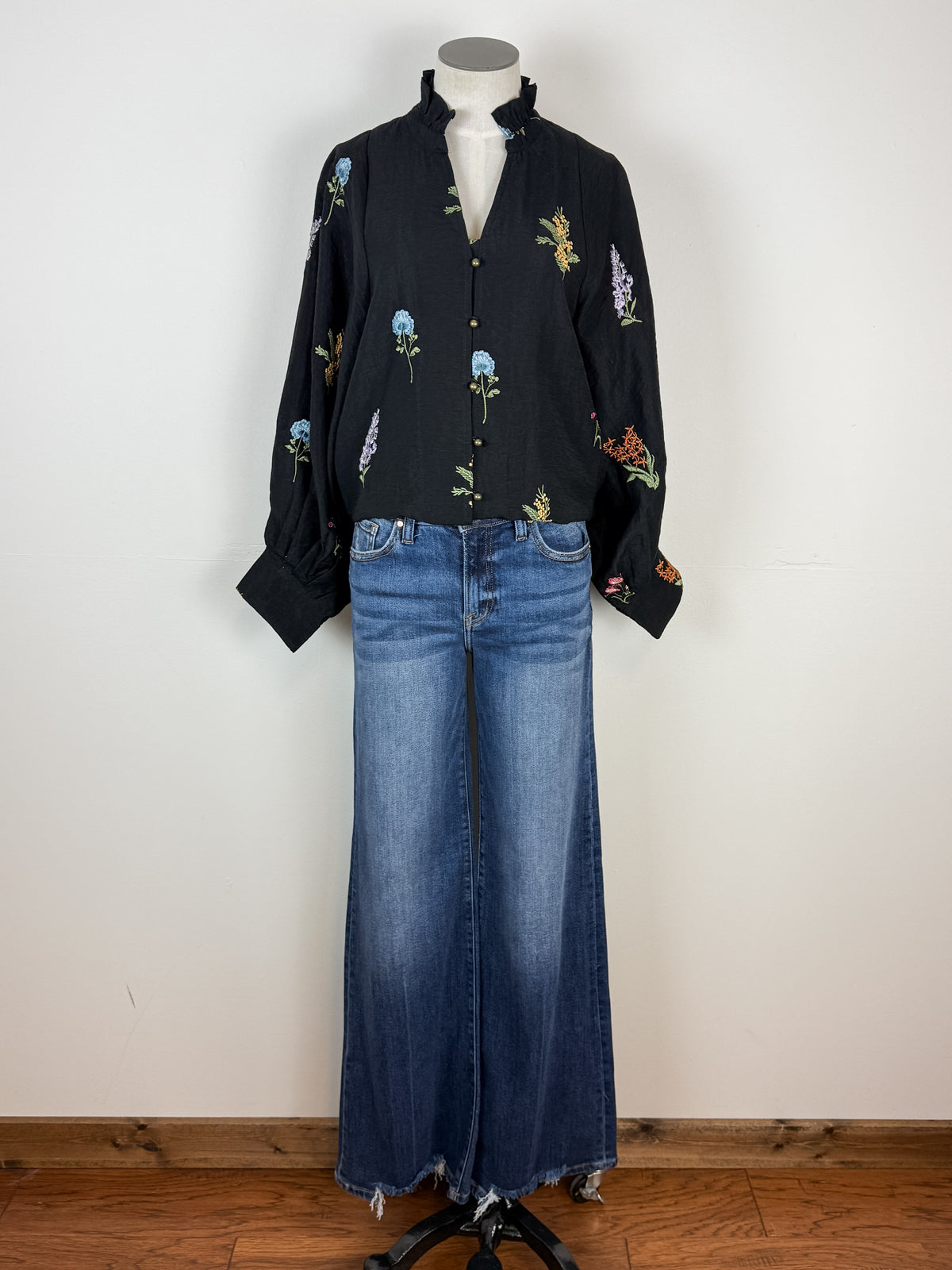 Madison Floral Embroidered Blouse in Black