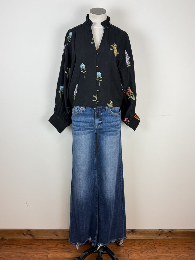 Madison Floral Embroidered Blouse in Black