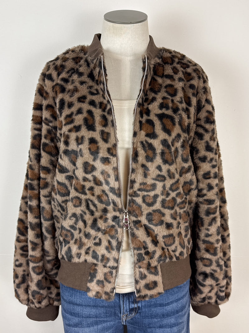 Isla Leopard Bomber Jacket in Brown
