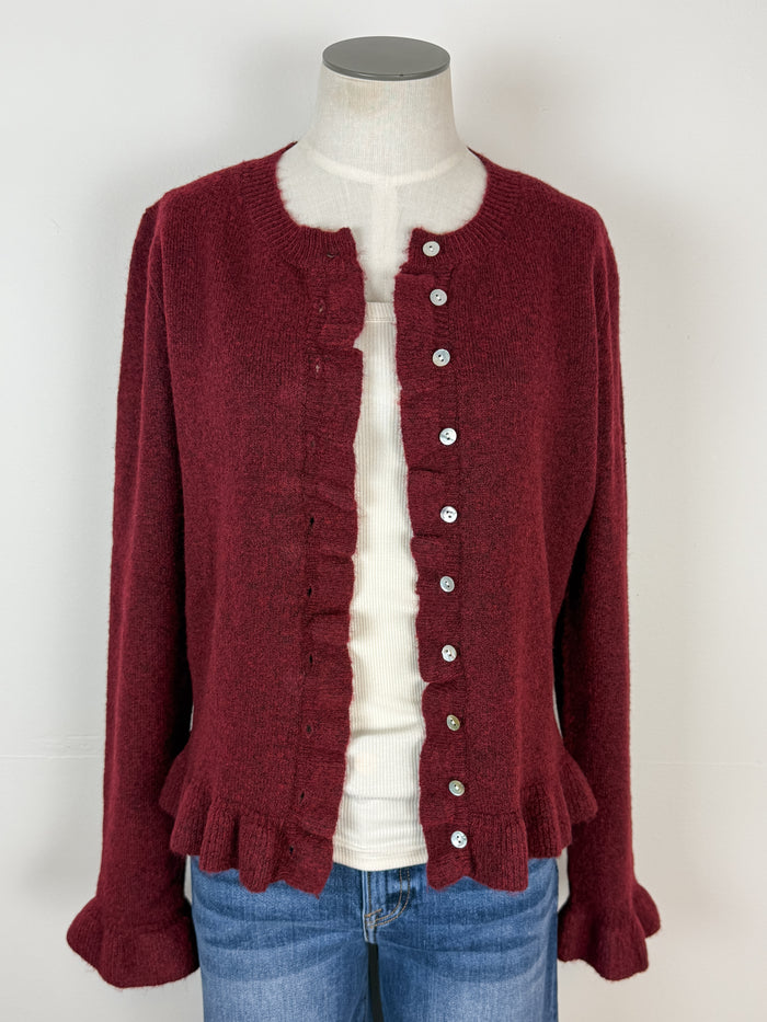 Nova Ruffle Hem Button Up Sweater in Burgundy