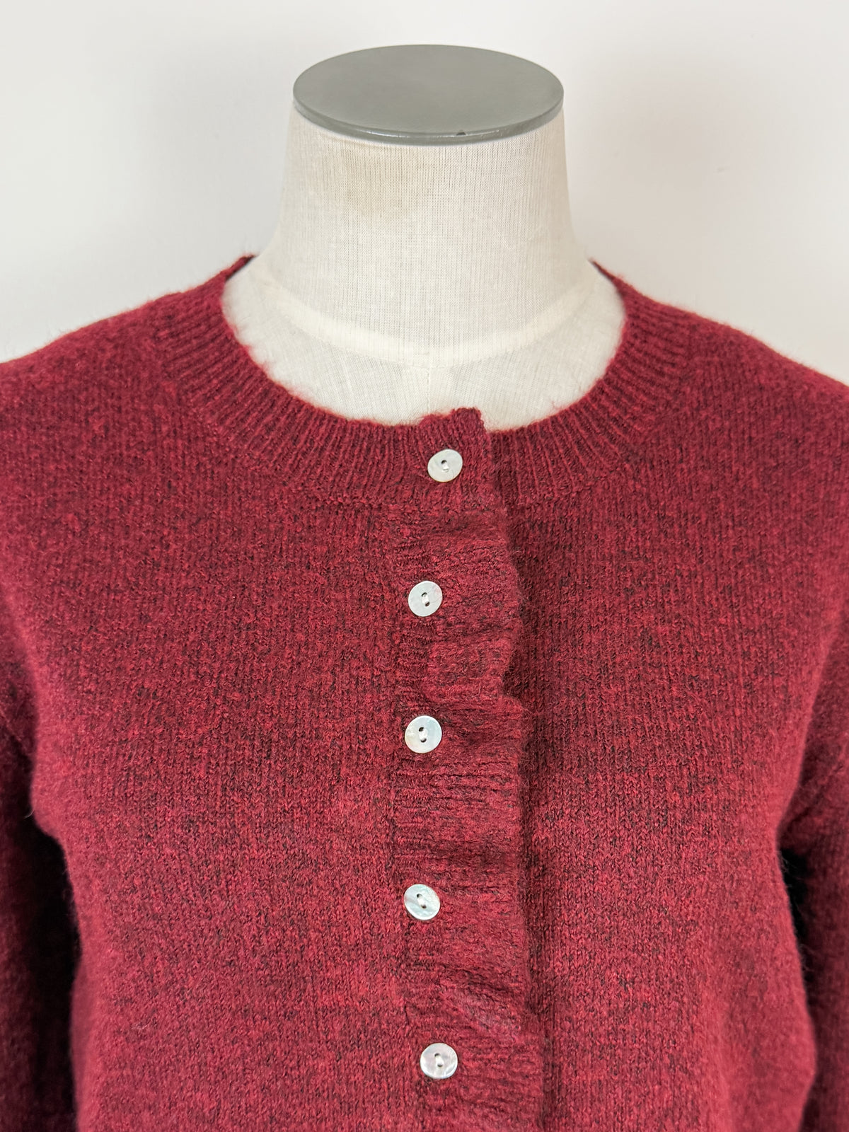 Nova Ruffle Hem Button Up Sweater in Burgundy