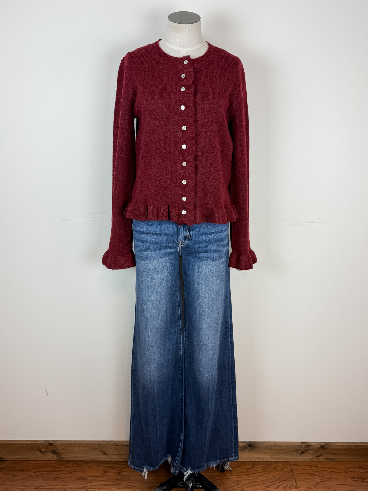 Nova Ruffle Hem Button Up Sweater in Burgundy
