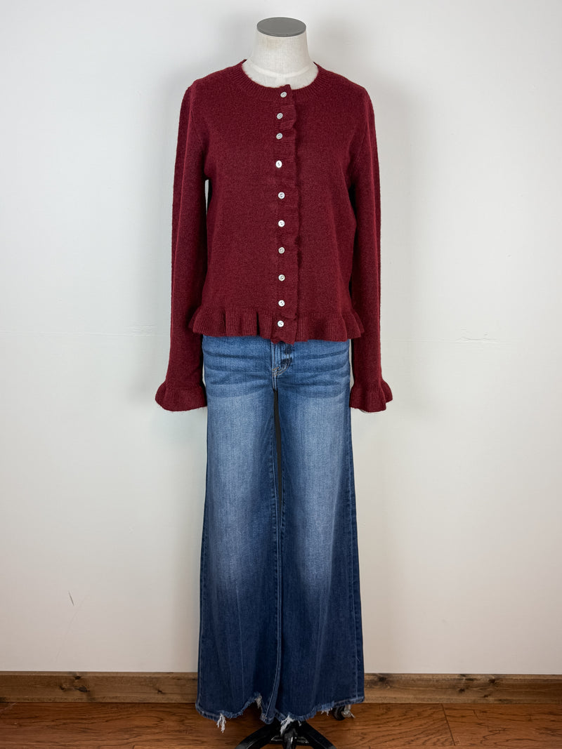 Nova Ruffle Hem Button Up Sweater in Burgundy