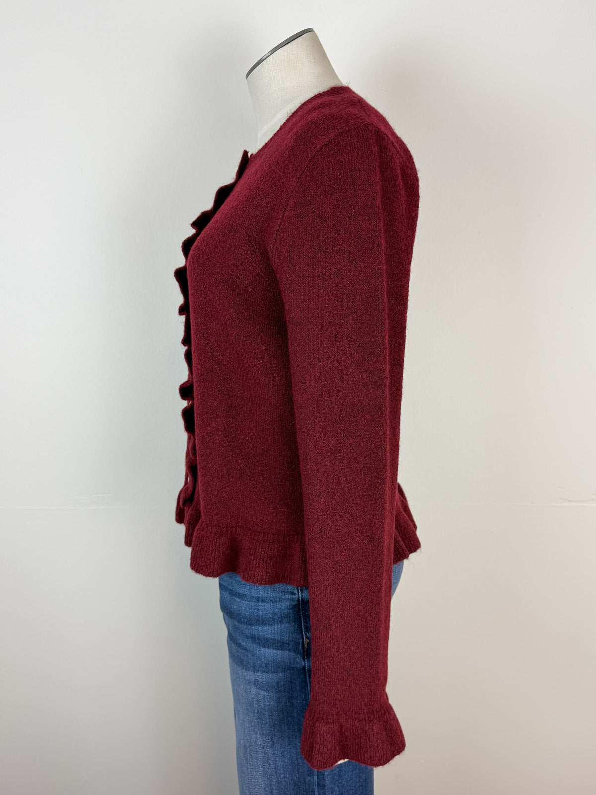 Nova Ruffle Hem Button Up Sweater in Burgundy