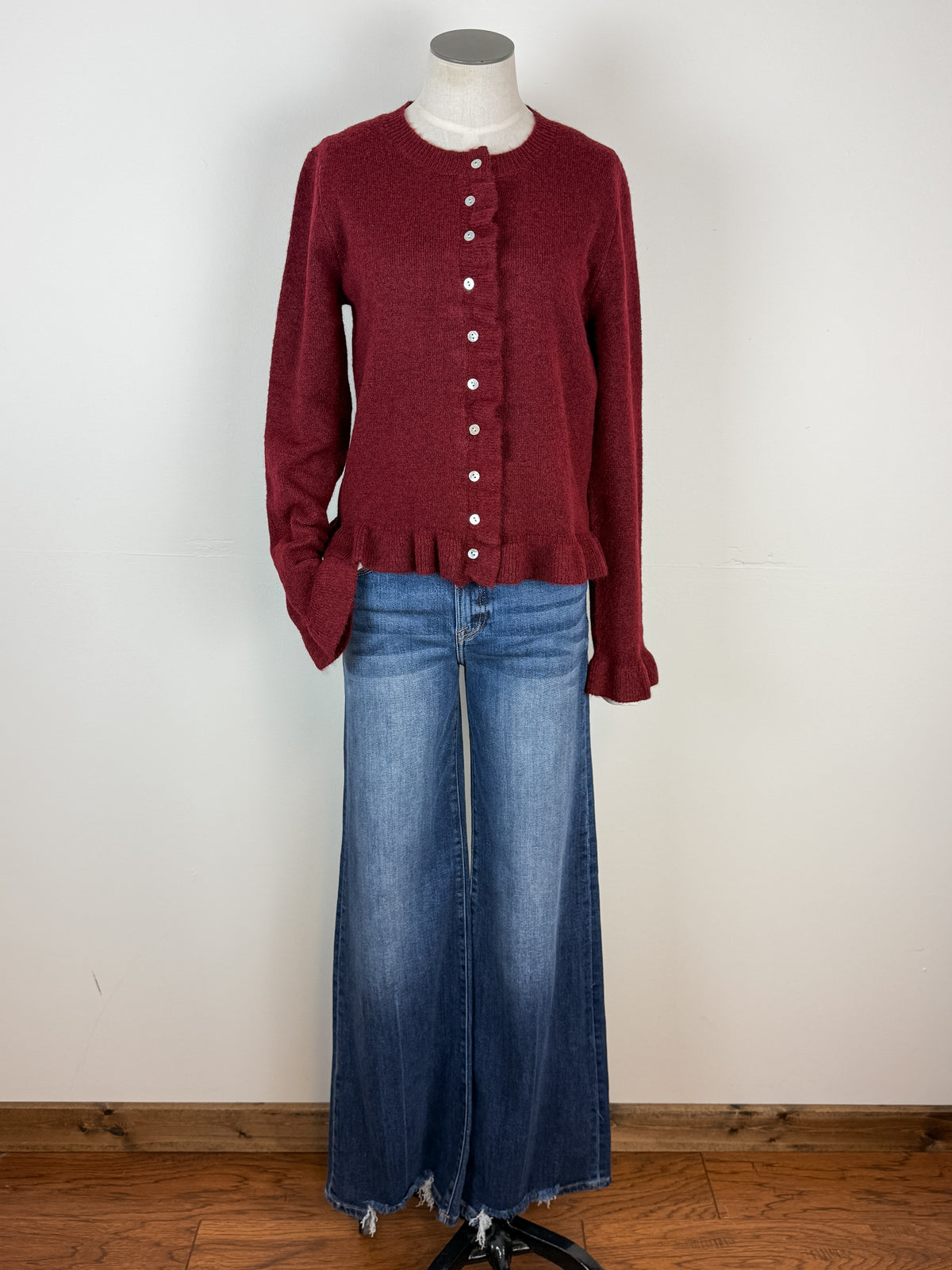 Nova Ruffle Hem Button Up Sweater in Burgundy