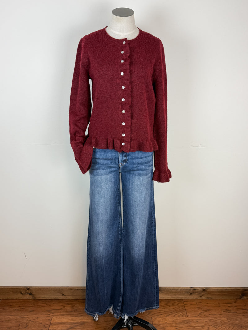 Nova Ruffle Hem Button Up Sweater in Burgundy
