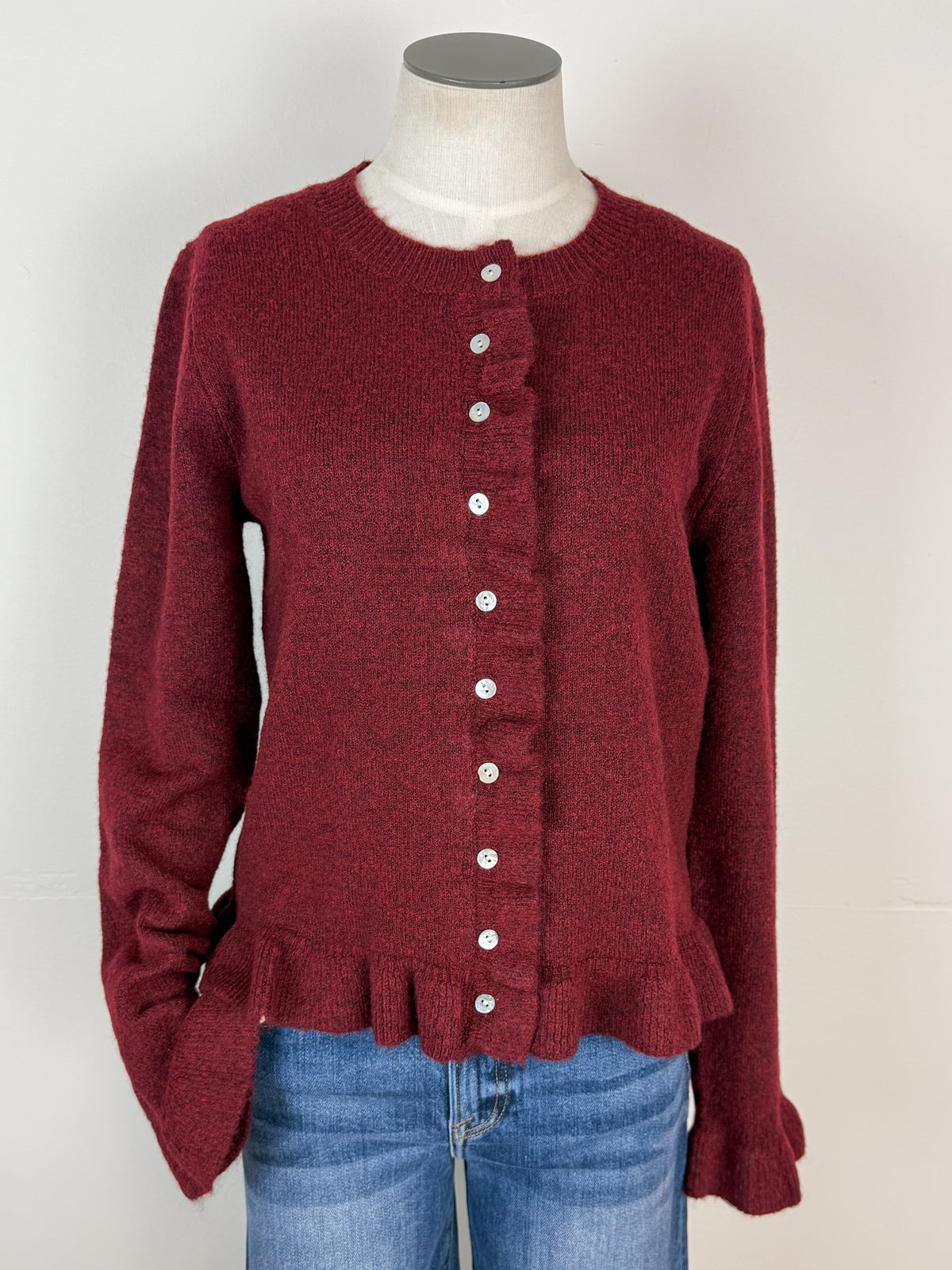 Nova Ruffle Hem Button Up Sweater in Burgundy
