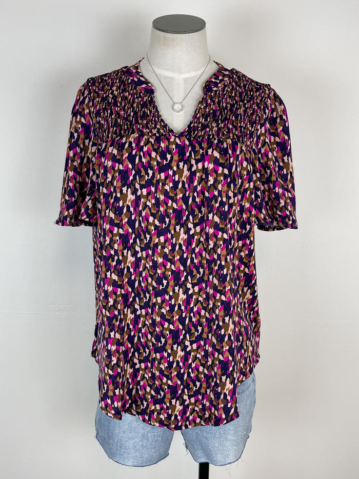 Mia Printed Split Neck Blouse in Purple Mix