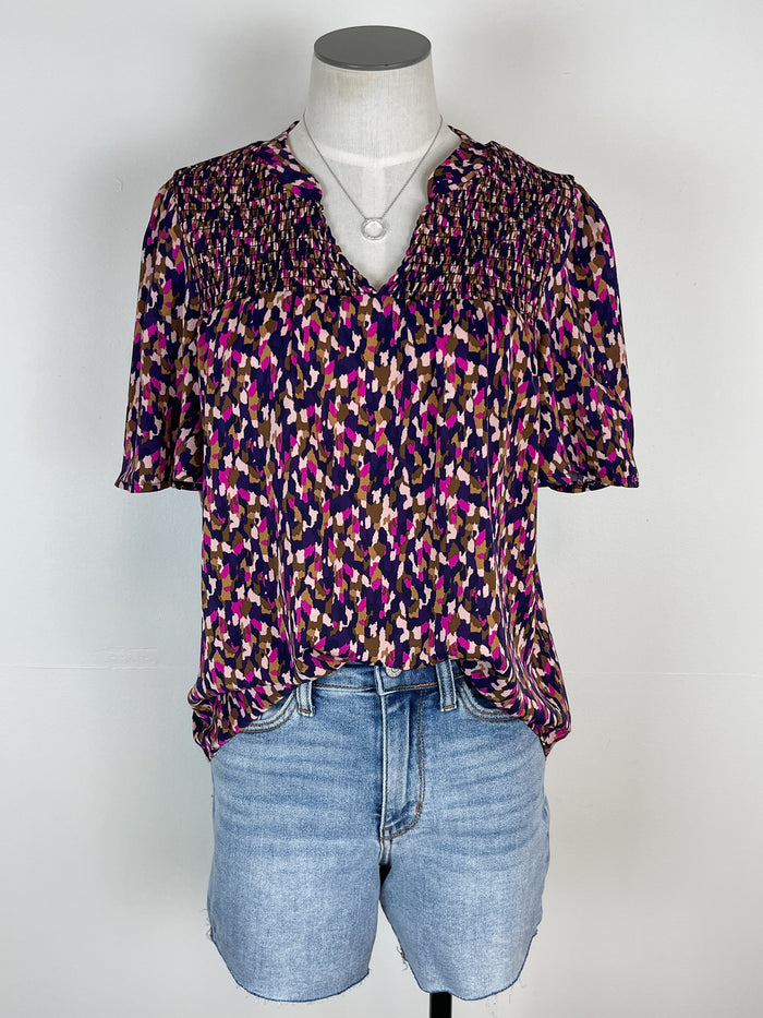 Mia Printed Split Neck Blouse in Purple Mix