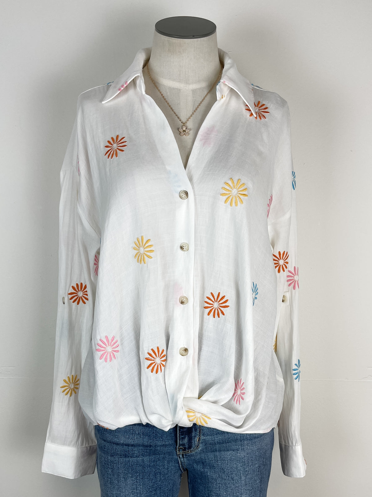 Indie Embroidered Knotted Button Down Blouse in Off White