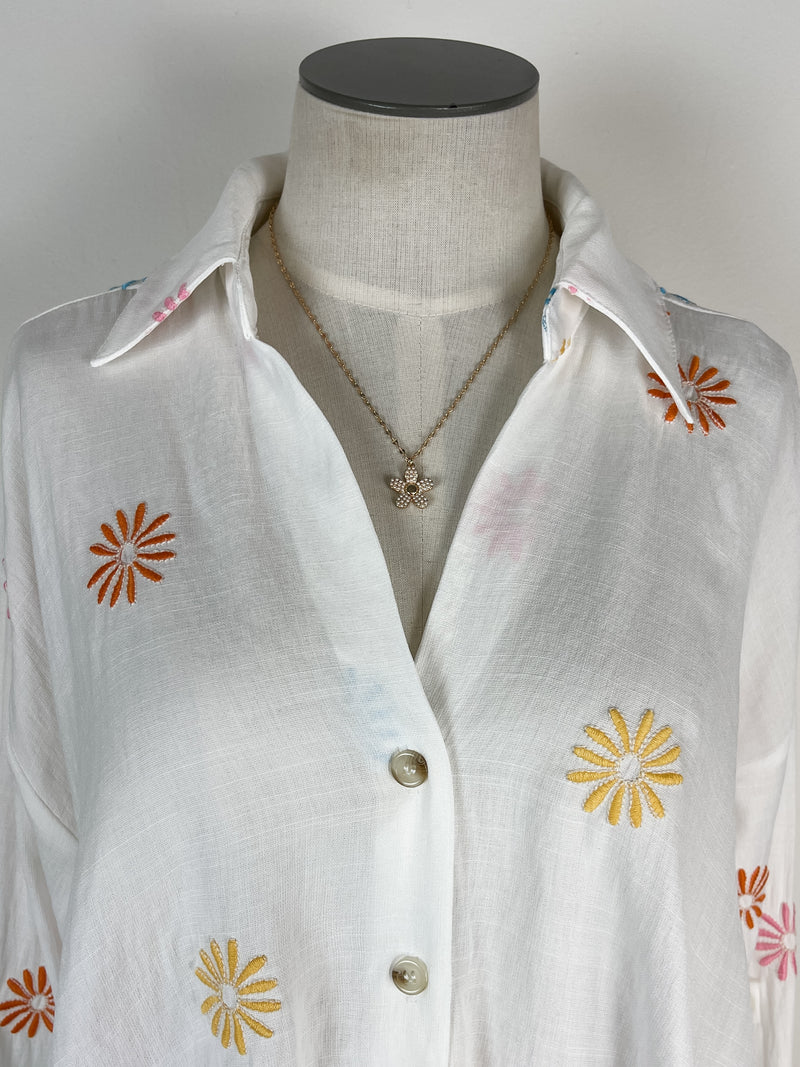 Indie Embroidered Knotted Button Down Blouse in Off White