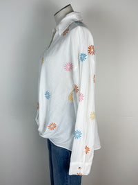 Indie Embroidered Knotted Button Down Blouse in Off White