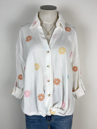 Indie Embroidered Knotted Button Down Blouse in Off White