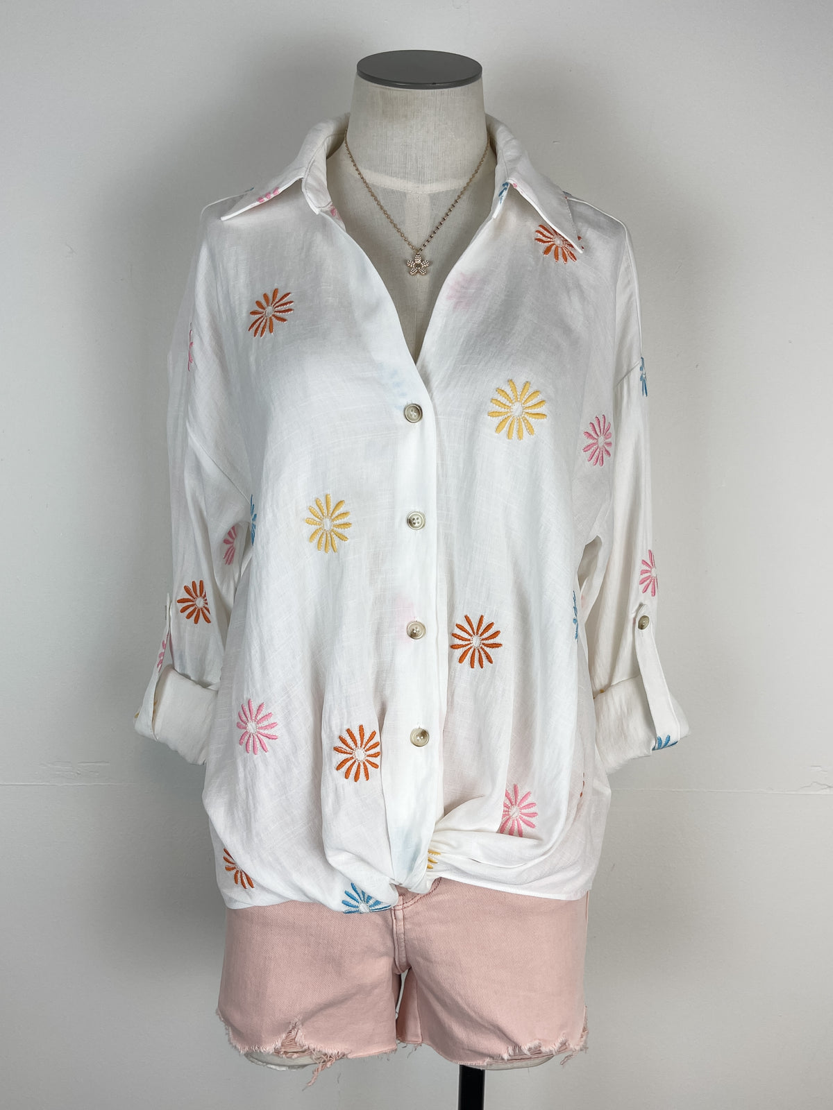 Indie Embroidered Knotted Button Down Blouse in Off White