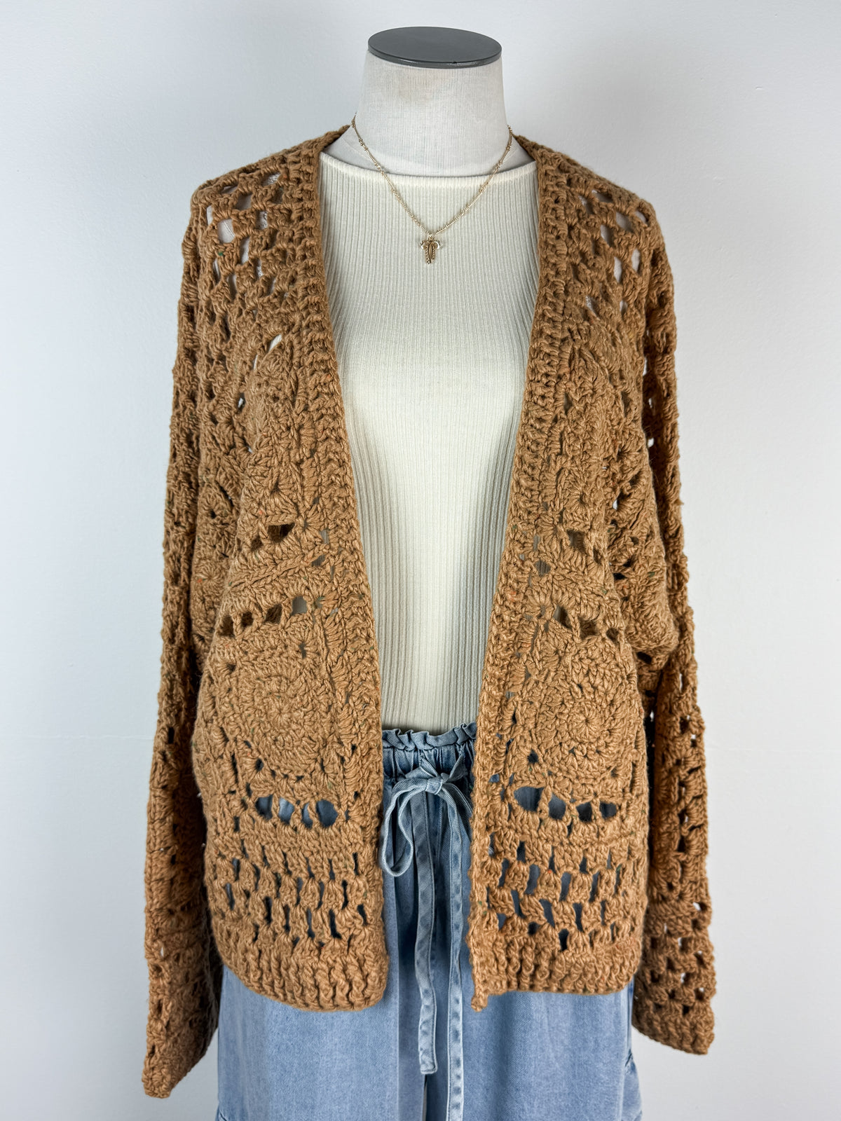 Kaia Open Weave Cardigan in Camel