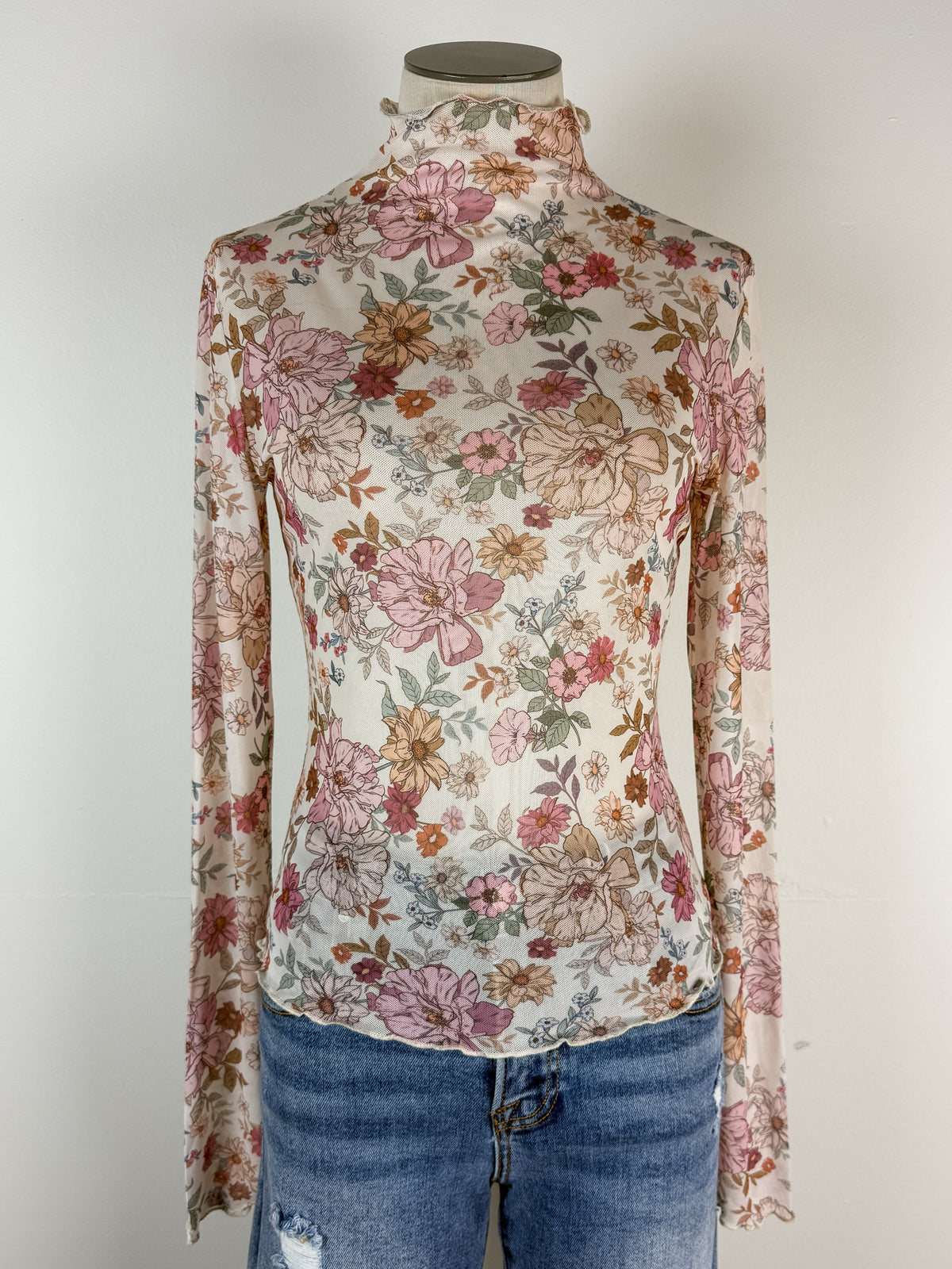 Ayla Floral Mock Neck Mesh Top in Rose