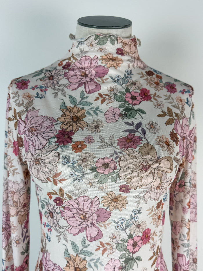 Ayla Floral Mock Neck Mesh Top in Rose