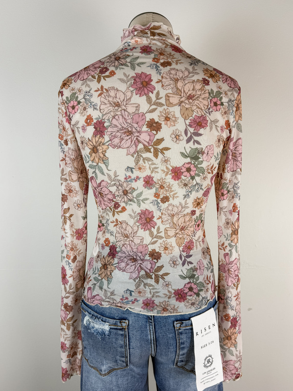 Ayla Floral Mock Neck Mesh Top in Rose