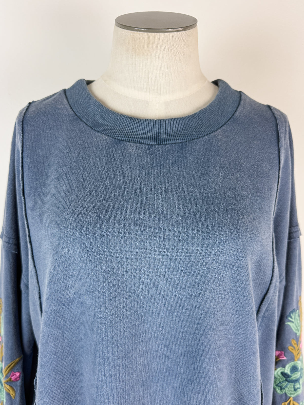 Cora Embroidered Sleeve Top in Washed Navy
