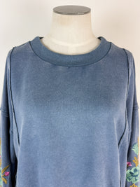 Cora Embroidered Sleeve Top in Washed Navy