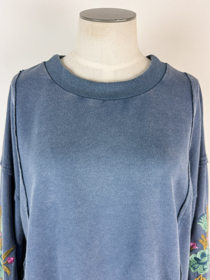 Cora Embroidered Sleeve Top in Washed Navy