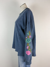 Cora Embroidered Sleeve Top in Washed Navy