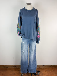 Cora Embroidered Sleeve Top in Washed Navy