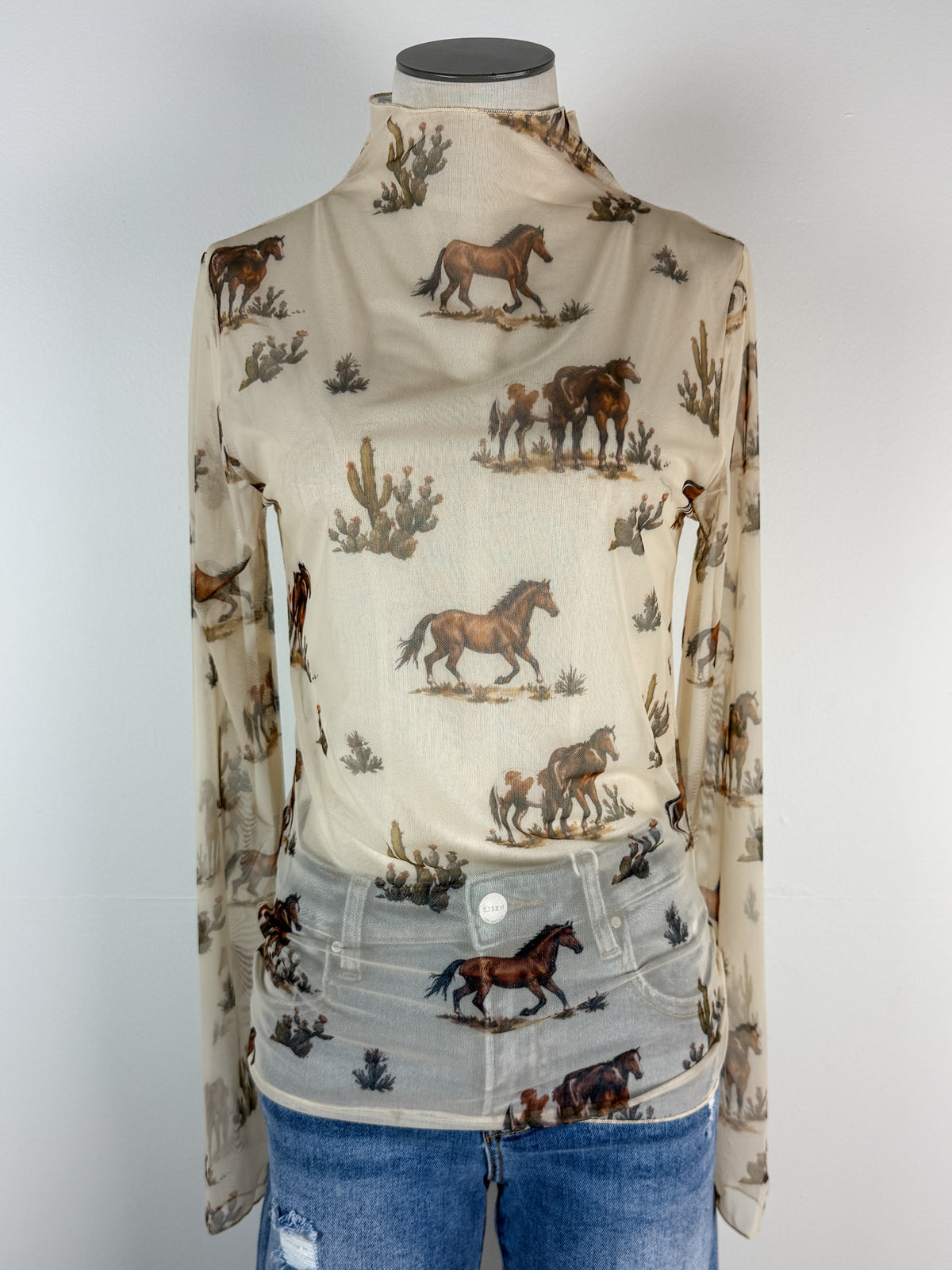 Anna Horse Print Mock Neck Mesh Top in Cream