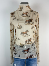 Anna Horse Print Mock Neck Mesh Top in Cream