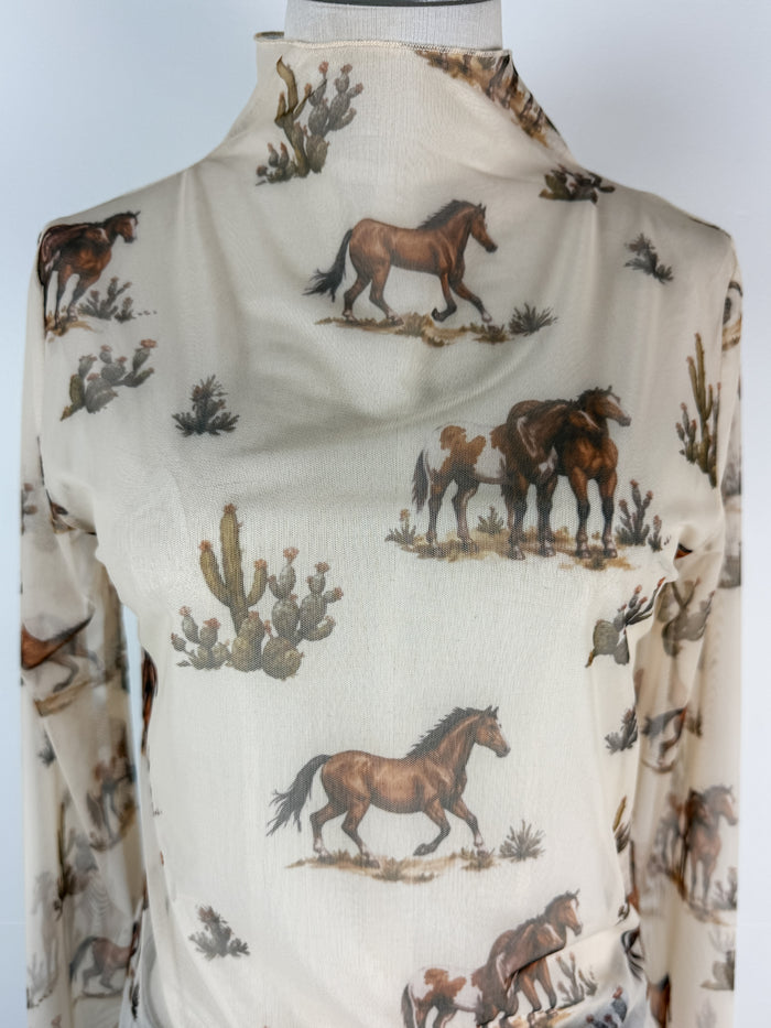 Anna Horse Print Mock Neck Mesh Top in Cream