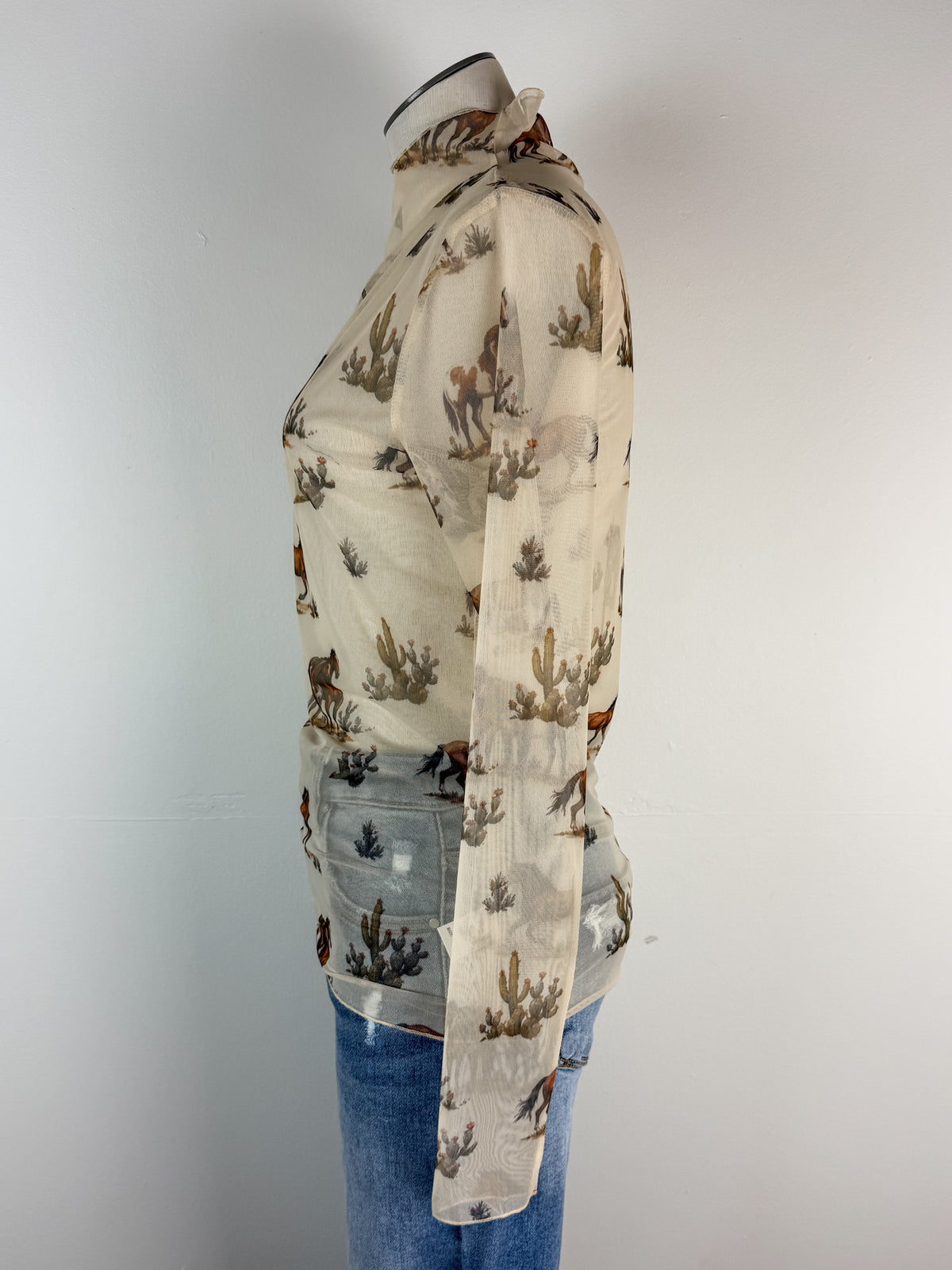 Anna Horse Print Mock Neck Mesh Top in Cream