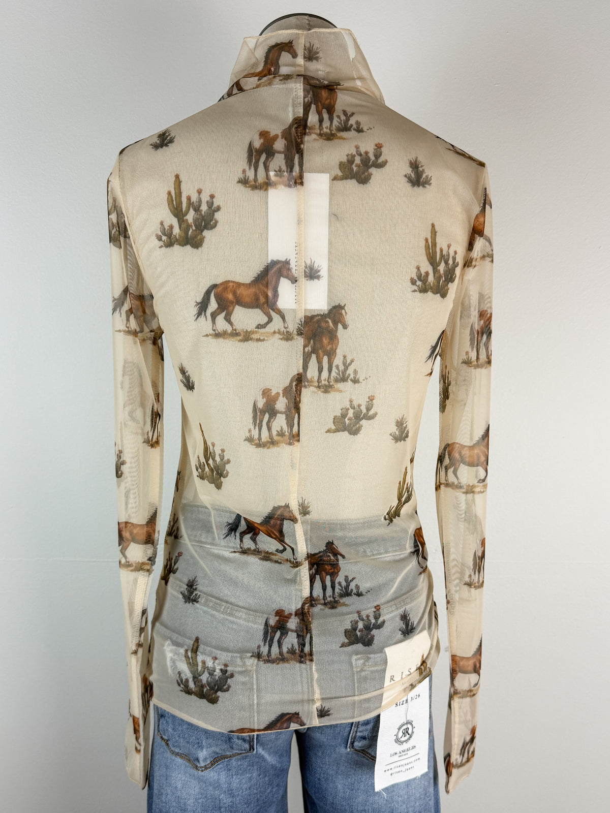 Anna Horse Print Mock Neck Mesh Top in Cream