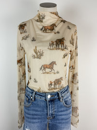 Anna Horse Print Mock Neck Mesh Top in Cream